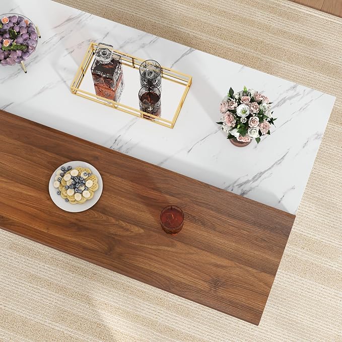 63" Large Imitation Marble Bar Table,Island Table with LED Lights,Mordern Marble Stripes Dining Table with Grille Design for Home Kitchen, Living Room, Balcony, Basement(White)
