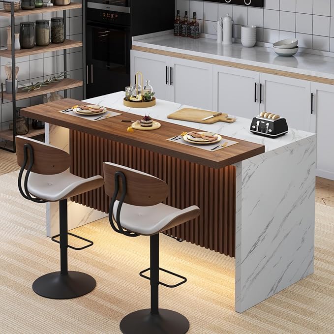 63" Large Imitation Marble Bar Table,Island Table with LED Lights,Mordern Marble Stripes Dining Table with Grille Design for Home Kitchen, Living Room, Balcony, Basement(White)