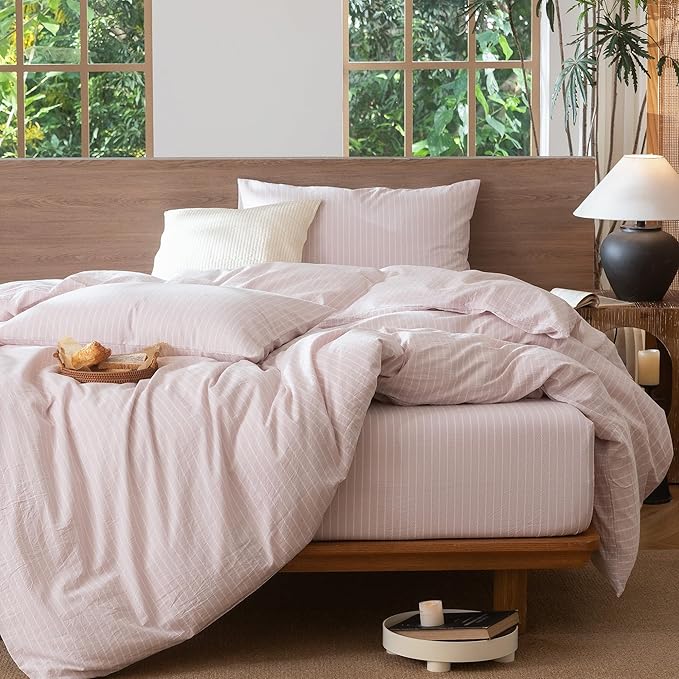 MooMee Striped Duvet Cover Set 100% Washed Cotton Linen Like Textured Breathable Durable Soft Comfy (Heathered Greyish Pink White Wide Stripes, Queen 90"x90")