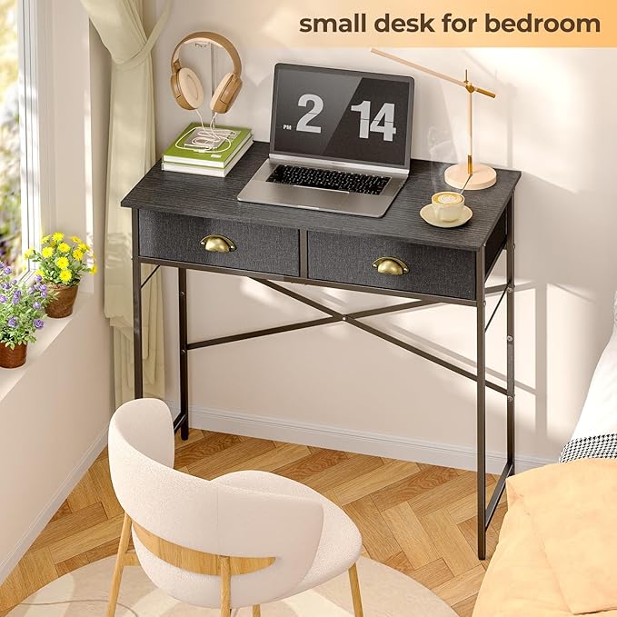 DAOUTIME Black Writing Desk for Kids Bedroom, 31.5 Inch Small Computer Desk for Small Spaces, Simple Desk with 2 Fabric Drawers for Home Office, Dorm, Living Room, Home Study Table, Black