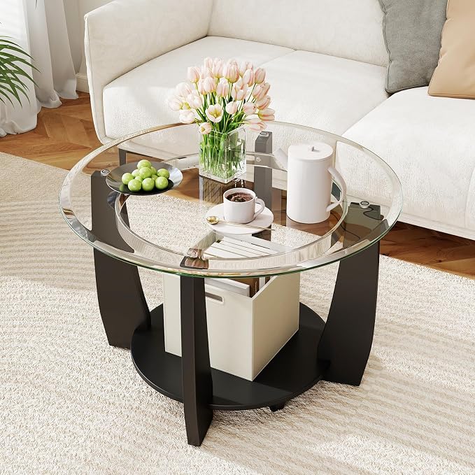 GOFLAME Glass Coffee Table with Storage, 32” Rolling Round Center Table with Tempered Glass Top, Solid Rubber Wood Legs, Wheels, Mid-Century Modern, 2-Tier Circle Tea Tables for Living Room (Black)