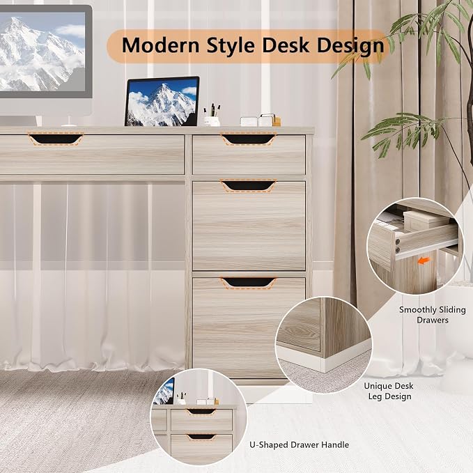 MaverickFurni Computer Desk with Storage Drawers, 54 Inch Executive Desk with 7 Drawers for Bedroom, Office Desk with File Drawers for Work Study Writing, Small Spaces, White and Walnut