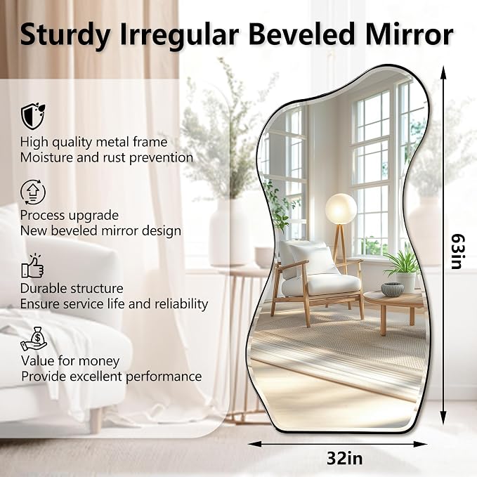 POZINO Large Irregular Beveled Mirror, 63"x32" Asymmetrical Wall Mirror with Metal Frame, Full Length Organic Floor Mirrors for Entryway Living Room Cloakroom Hallway, Leaning/Wall-Mount