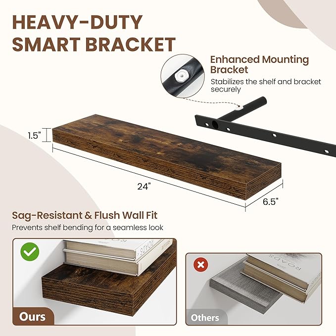 24 Inch Floating Shelves for Wall 2 Pack, 24" Wall Shelves for Books, Storage, Decor, Wall Mounted Floating Shelf with Invisible Brackets for Kitchen, Living Room, Brown