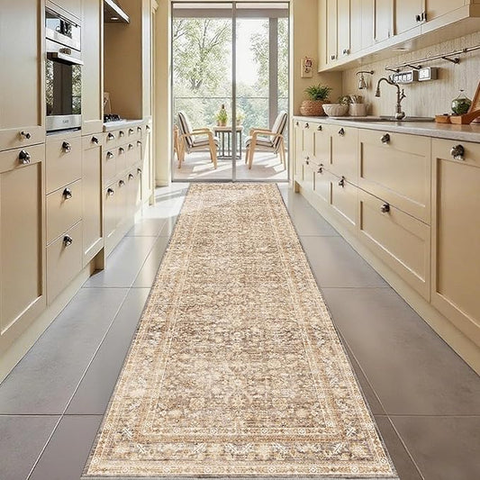 OPPODREAM Vintage Beige 3x10 Runner Rug, 3 x 10 Retro Washable Rug Non Slip, Low-Pile Faux Wool Carpet, Distressed Tan Floor Mat for Kitchen, Hallway, Entry-Way, Entrance, Indoor Back Door