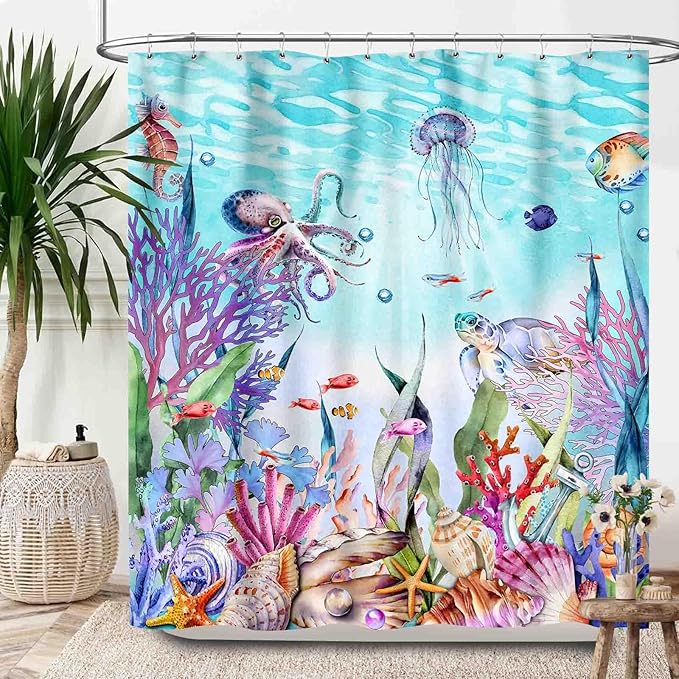Nautical Coastal Shower Curtain,Ocean Themed Coral Seashell Beach Starfish Seahorse Summer Blue Underwater Animal Polyester Fabric Bathroom Decor Set with Hooks,72x78Inch