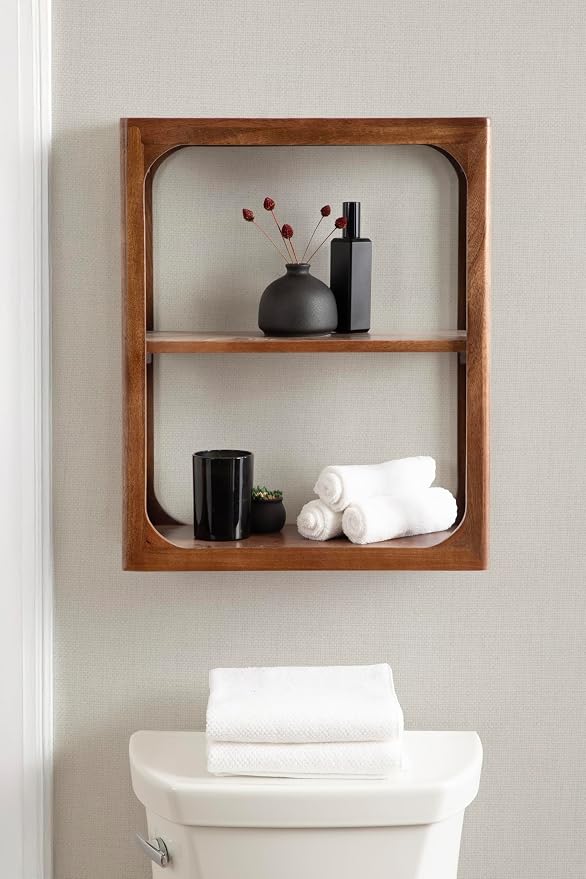Kate and Laurel Dahl Modern Mango Wood Tiered Wall Shelf, 18 x 7 x 22, Walnut Brown, Decorative Over The Toilet Shelf for Use as Bathroom Storage or Living Room Display Shelving