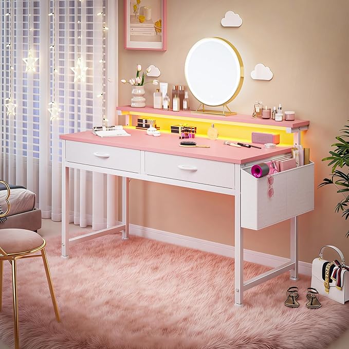 DurayLoly 39.4Inch Office Computer Desk with LED Lights & 2 Fabric Drawers, Gaming Desk with Side Pocket & Ergonomic Monitor Stand, Small Space Study Writing Table with Anti-Tip Design,Pink
