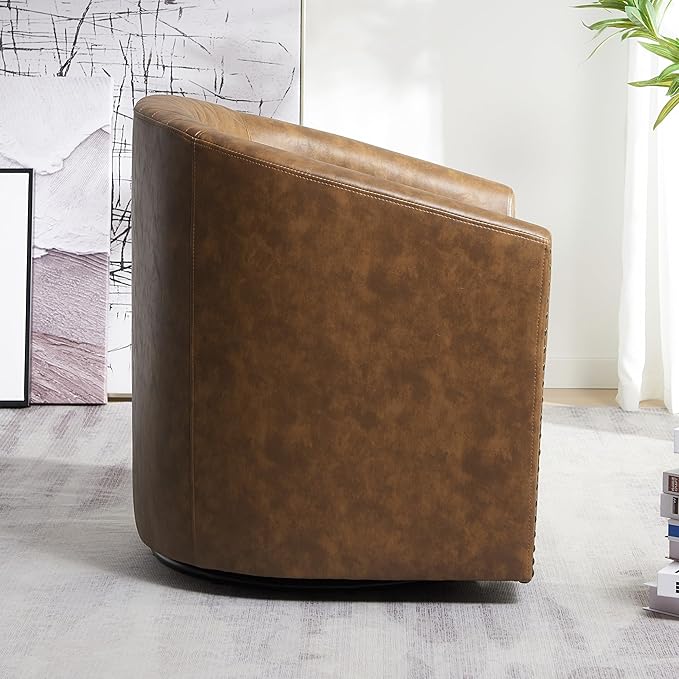 KINWELL 29" Wide Tufted Faux Leather Swivel Barrel Chair, PU Leather Modern Upholstered Accent Chairs with Nailhead Trim, Small Armchair for Living Room Bedroom, Coffee