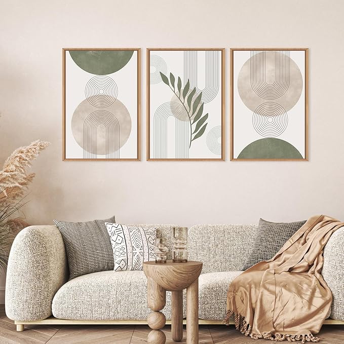 HPINUB Sage Green Boho Framed Canvas Wall Art Set, Minimalist Beige Green Botanical Wall Decor, Abstract Geometric Line Leaf Canvas Painting for Living Room, Bedroom, Dining Room, Office Decor-24"x36"x3