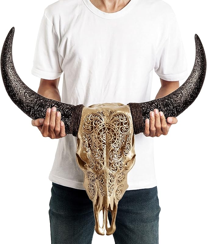 Skull Bliss - Hand-Carved Real Authentic Taxidermy Cow Skull/Bull Skull Wall Decor with Horns/Real Animal Cow Skull Wall Decor (Hand-Carved Horns)