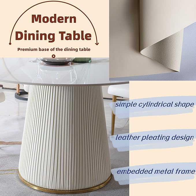 Montary 5 Piece Dining Table Set, Modern Dining Room Table Set of 4-6, White 53" D Faux Marble Dining Table, Sintered Stone Round Table with 4 Dining Chairs, for Dining Room Kitchen