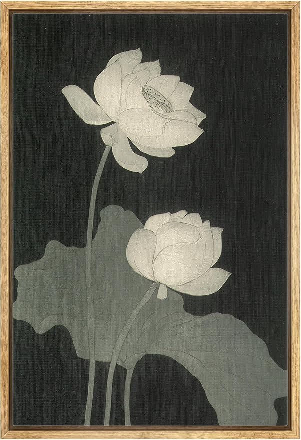 Woodrose Framed Canvas Print Wall Art Monochrome Lotus Blossoms Elegant Nature Illustrations Modern Art Minimalist 3D Colorful Ultra for Living Room, Bedroom, Office - 16"x24" NATURAL