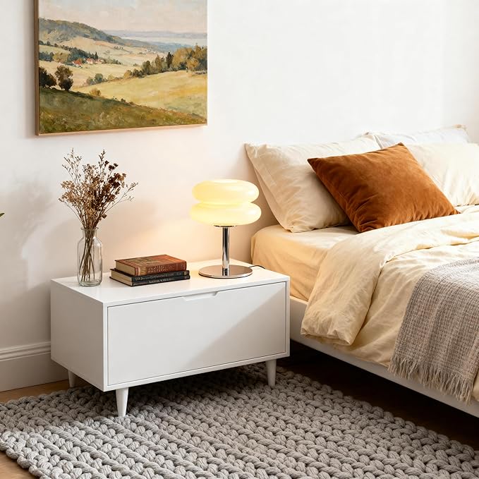 Fandian Beige Table Lamp for Bedroom, Mid Century Modern Lamp for Nightstand, 3 Color Change Egg Tart Bedside Small Lamps, Unique Home Mushroom Cute Desk Lamps