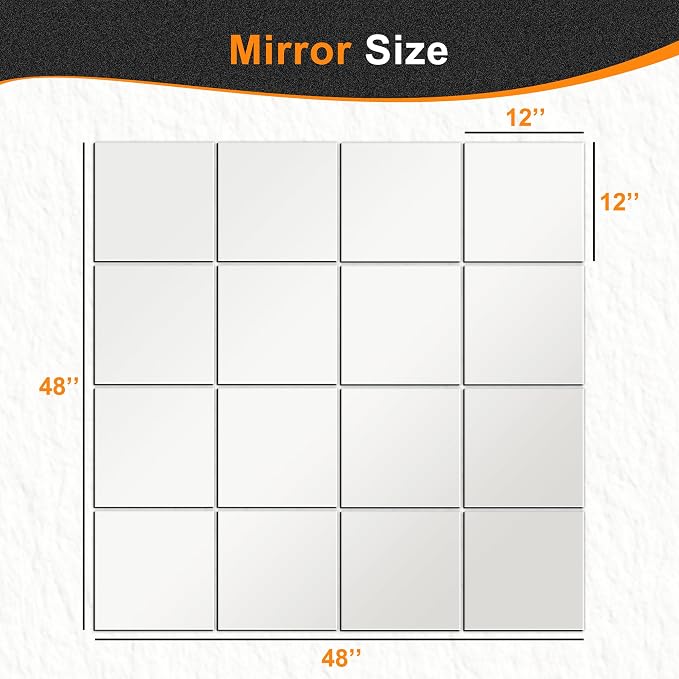 Delma Home Gym Mirrors, 12'' x 12'' Glass Mirror Tiles (16 PCS), Square Large Wall Mirror for Home Gym, Bedroom, Door,Bathroom, Frameless Mirror Sets