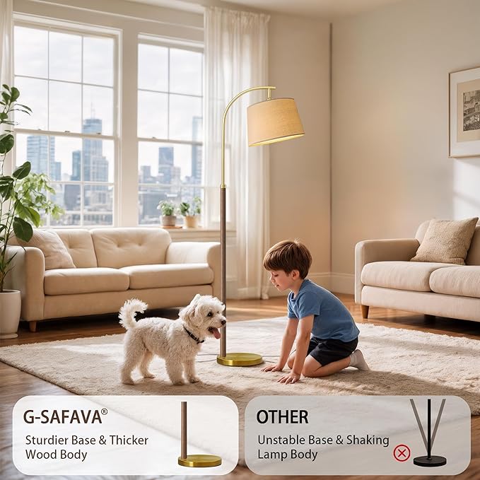 63" Wood Floor Lamp for Living Room Dimmable Standing Lamp with Remote & Foot Switch, 3 Color Temperatures Tall Lamp Mid Century Modern Floor Lamp for Bedroom Office, 9W Bulb Included, Chestnut