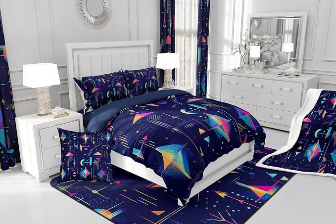 80s 90S Fashion Style Bedding Set Queen Size,Retro Memphis Style Pattern with Geometrical Shapes Duvet Cover for Kids Child,Funky Hipster Old Fashioned Comforter Cover Triangle Geometric Decor