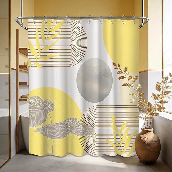 Mustard Yellow and Grey Shower Curtain Light Yellow and Gray White Shower Curtains for Bathroom Decor Abstract MCM Bath Curtain Set, Waterproof Fabric with Hooks 60 x 72 Inch