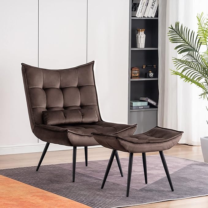 MCombo Accent Chair with Ottoman, Modern Velvet Wingback Lounge Chair, Upholstered Club Chair for Small Space, Living Room & Bedroom 4079 (2, Brown)