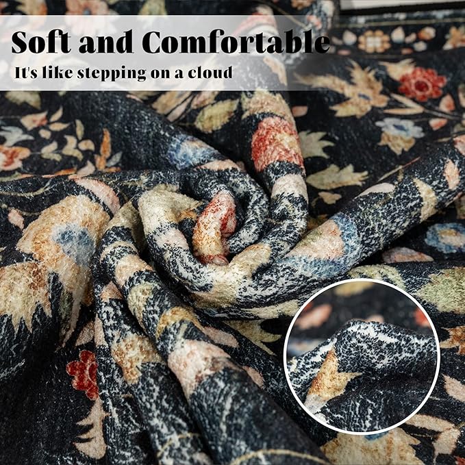 MUJOO Round Rugs 6ft,Black Circle Area Rug Washable,Circular Rugs for Living Room Bedroom,Large Boho Non Slip Throw Carpet Vintage Floral