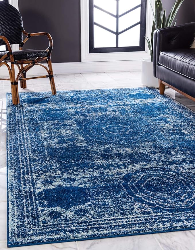 Unique Loom Bromley Collection Area Rug - Wells (6' 1" x 9' Rectangle, Navy Blue/ Ivory)