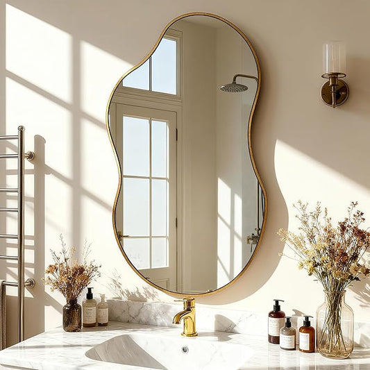 SHYFOY Irregular Wall Mirror Decorative, 20"x36" Antique-Gold Asymmetrical Mirror for Wall Decor Wavy Accent Mirrors for Living Room Bathroom Bedroom Entryway, Abstract Irregular Shape Curvy Mirror
