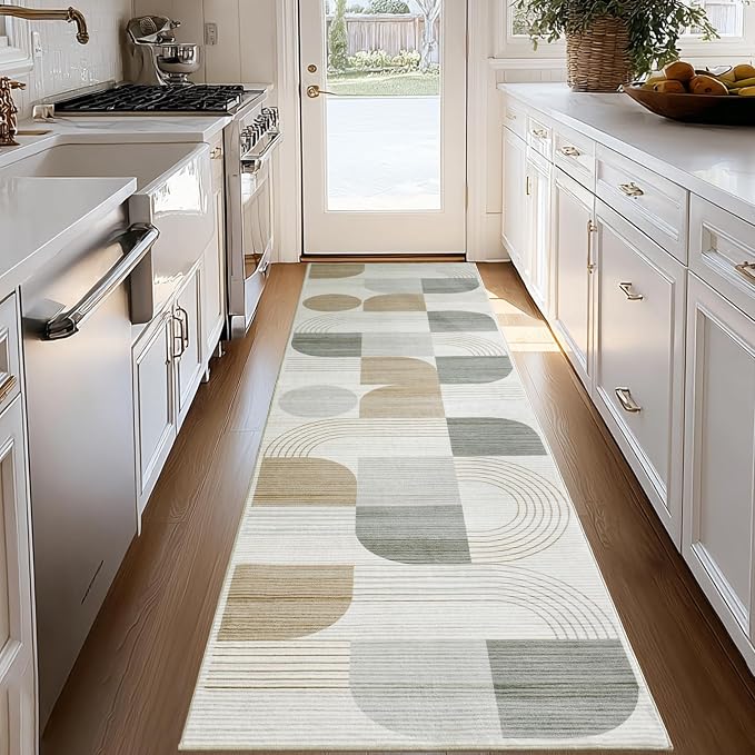 Machine Washable 2.7x8 Runner Rug, Soft Modern Geometric Abstract Beige Rugs for Bedroom Living Room, Non-Shedding Faux Wool Indoor Throw Floor Carpet for Office Entryway Dining Room Decor