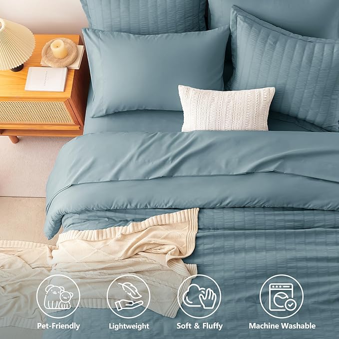 CozyLux Twin XL Comforter Set Mineral Blue, 5 Pieces Seersucker Twin Extra Long Bed in a Bag, College Dorm Down Alternative Bedding Set with Comforter, Sheets, Pillowcase & Sham, Back to School Gift