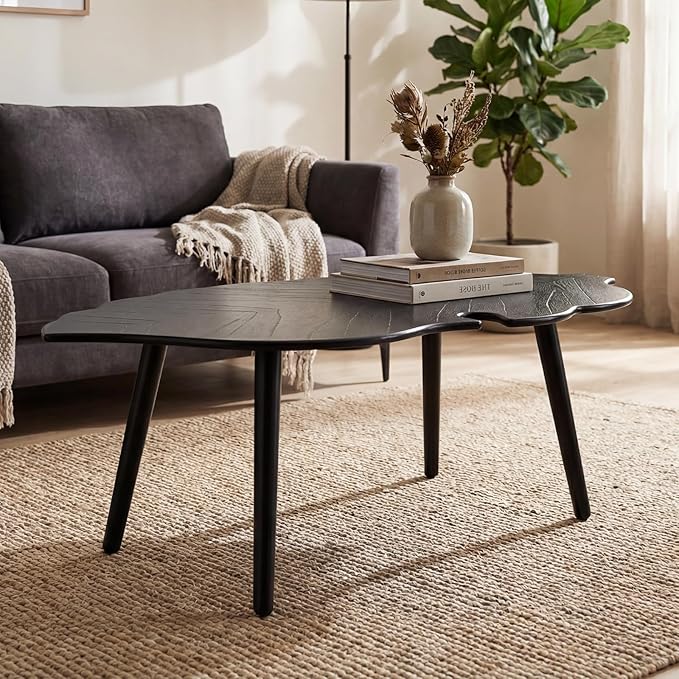 DUOMAY Mid-Century Modern Small Coffee Table, Solid Leaf-Shaped Wood Coffee Table for Living Room, Easy Assembly Center Table End Table with Wood Leg, Side Table for Bedroom Small Space, Black