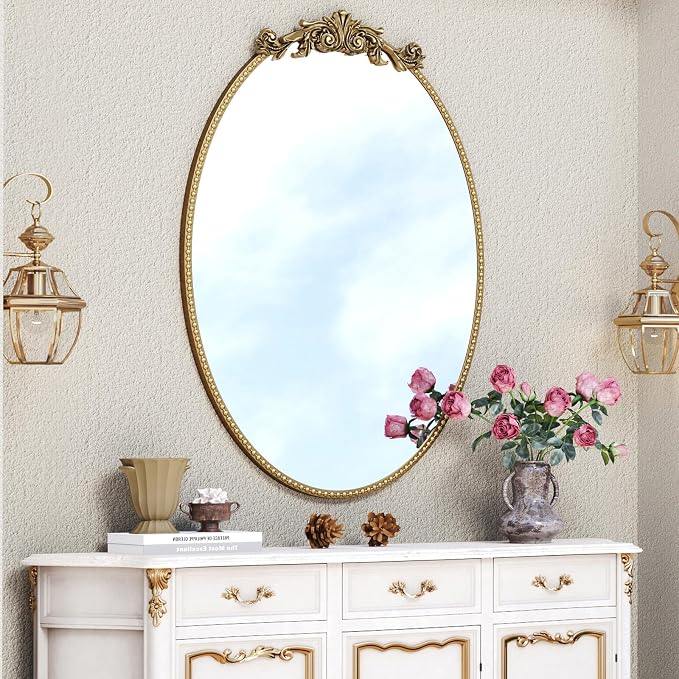 CozyDH Retro Gold Oval Wall Mirror Decor - 25x36 inch Ornate Baroque Style Beaded Metal Frame - Vintage Home Decor for Entryway, Foyer, Fireplace, Living Room, Hallway