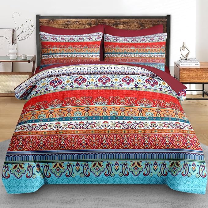 Nesker Comforter Set King Size, Ethnic Geometric Flower 7 Pcs Bedding for Kids and Adults, Vintage Paisley Leaf Floral Bed Sheet Sets with Fitted Sheet 2 Pillowcases & 2 Shams