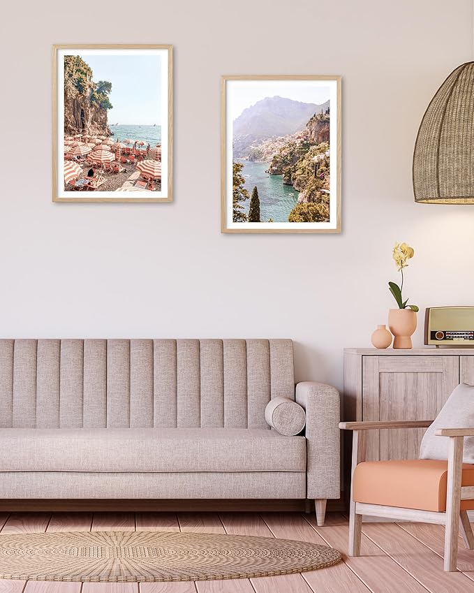 HesenDot Natural OAK Wood Framed Summer in Positano Wall Art,12x16in Italy Amalfi Coastal Canvas Wall Print,Arienzo Beach Umbrellas Poster Wall Decor for Living Room,Bedroom,Office Gallery Set of 1