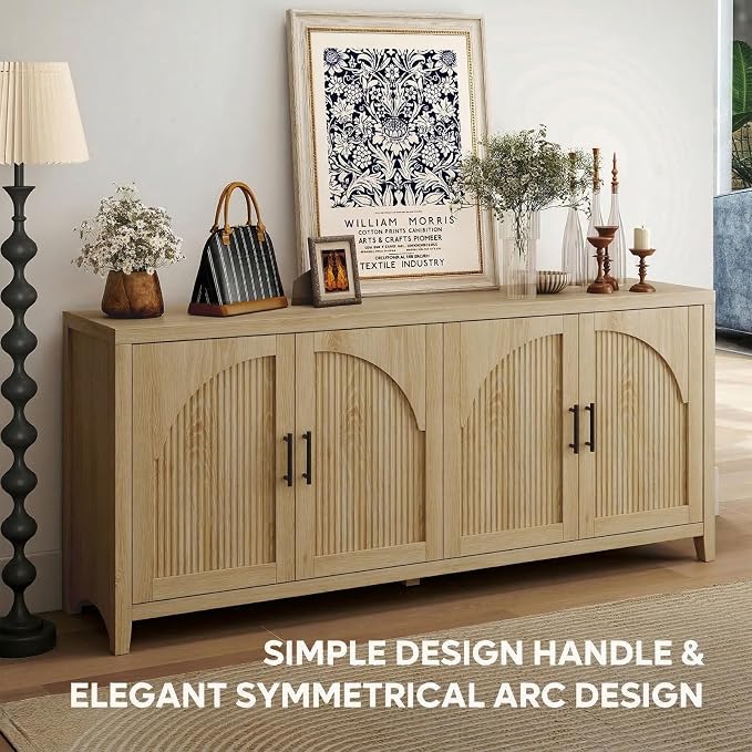 Bestier 70"W Sideboard Buffet Cabinet with Storage, Mid Century Credenza Storage Cabinet, 4 Doors Reeded Sideboard, Adjustable Shelves, Wood Buffet Long Cabinet for Living Room, Entryway, Coastal Oak