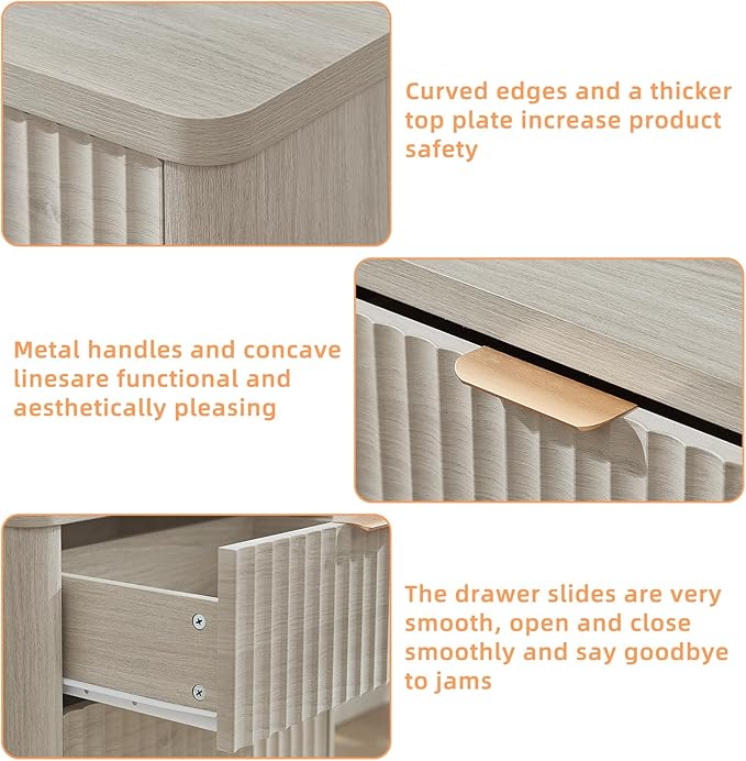LEYAOYAO Fluted Nightstand with Charging Station, 23" Wide 3 Drawers Night Stand,LightGrey End Table with Open Storage,Farmhouse Bed Side Tables, Wood Dresser for Bedroom, Living Room, Closet