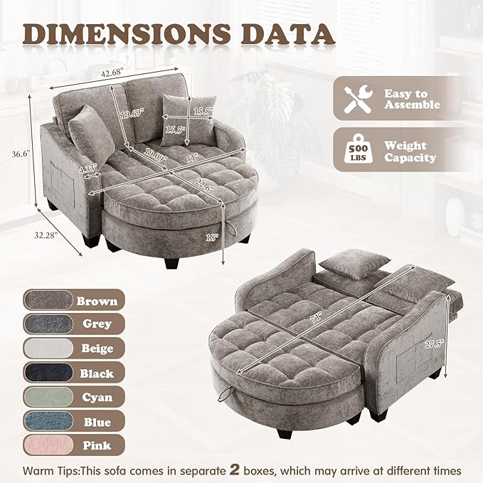 Oversized Chaise Lounge Chair Indoor with Ottoman, Chenille Tufted Comfy Loveseat Sofa Chair with Adjustable Backrest, Fluffy Recliner Sofa, Convertible Couch Sleeper Bed for Living Room(51"W, Brown)