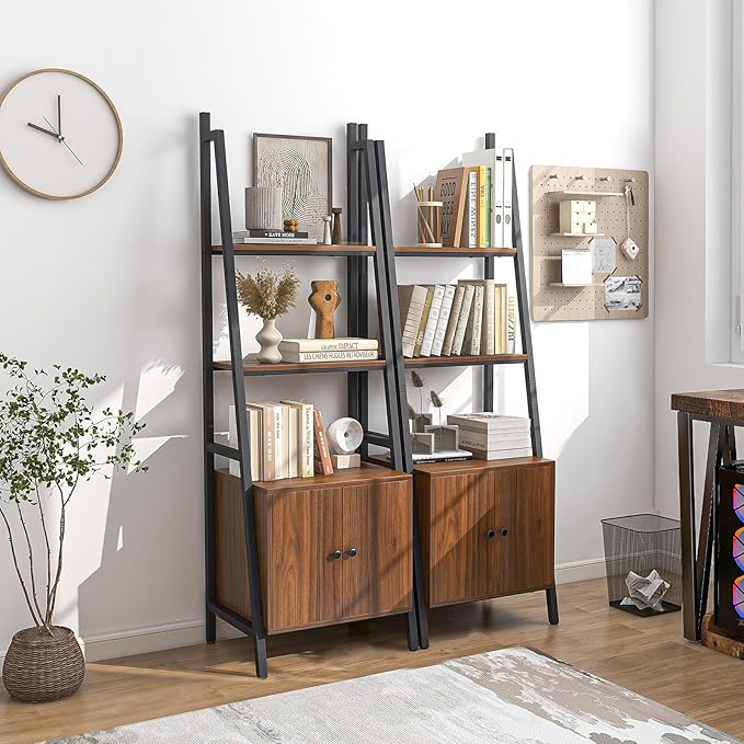 Tangkula 4-Tier Ladder Shelf with Cabinet, 63” Tall Bookshelf, Industrial Bookcase with Metal Frame, Floor Display Shelf Storage Rack for Living Room Study Home Office (2, Rustic Brown)