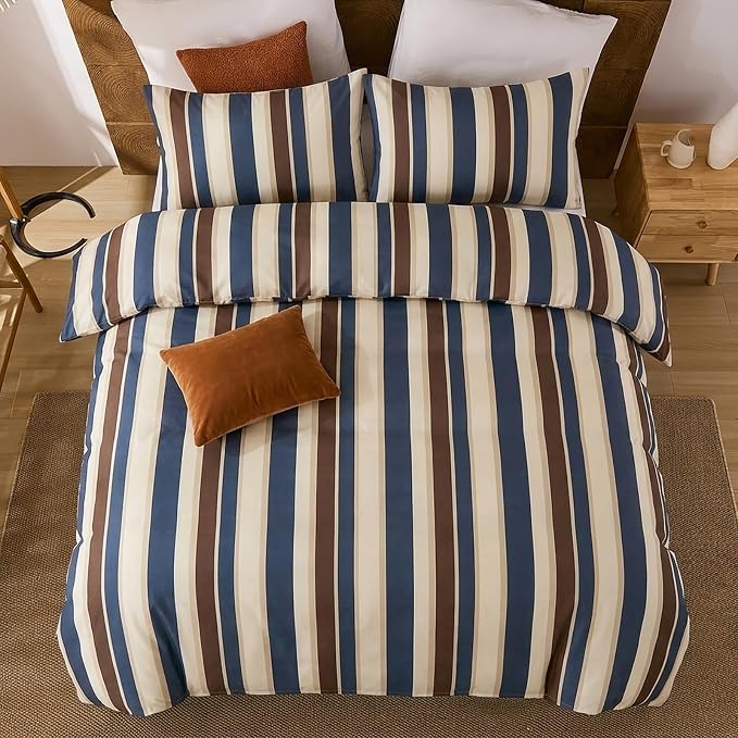 Merryword 100% Cotton Duvet Cover Set Queen Size - Vintage Blue Cabana Striped Bedding Set with Zipper & Corner Ties, 3-Piece Luxury & Silky Soft Bedding Set for All Seasons