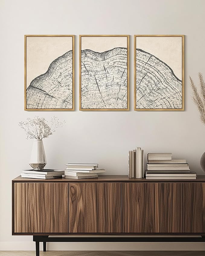 KUVIOKE Framed Tree Rings Wood Wall Art Modern Retro Beige Wood Stump Wall Decor Nature Abstract Art Print for Living Room Bedroom 16x24in (Natural Framed)
