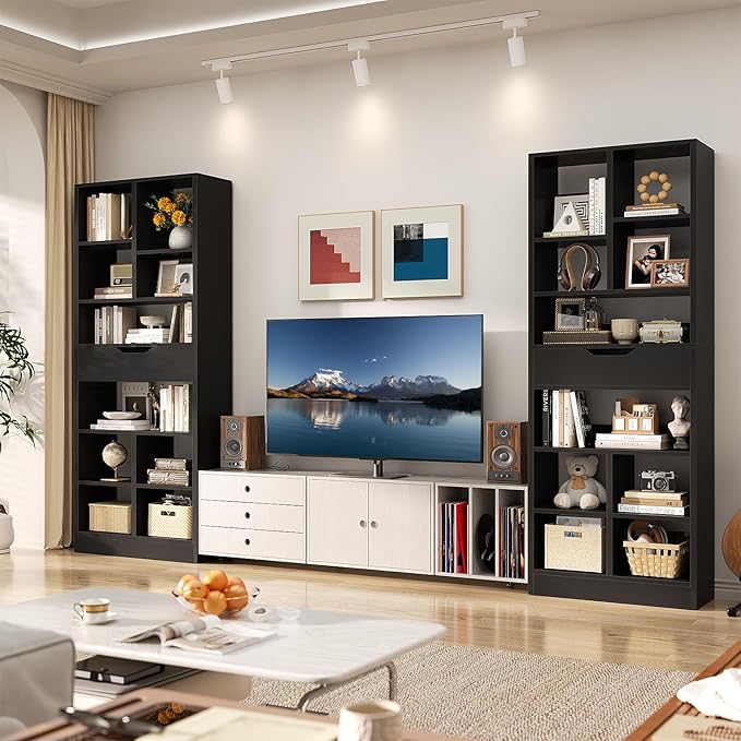 Armocity 16-Tier Tall Bookshelf Set of 2, 73.6" Narrow Freestanding Bookcase with 2 Drawers, Space-Saving Wood Display Shelves Storage for Living Room, Home Office Bedroom, Black