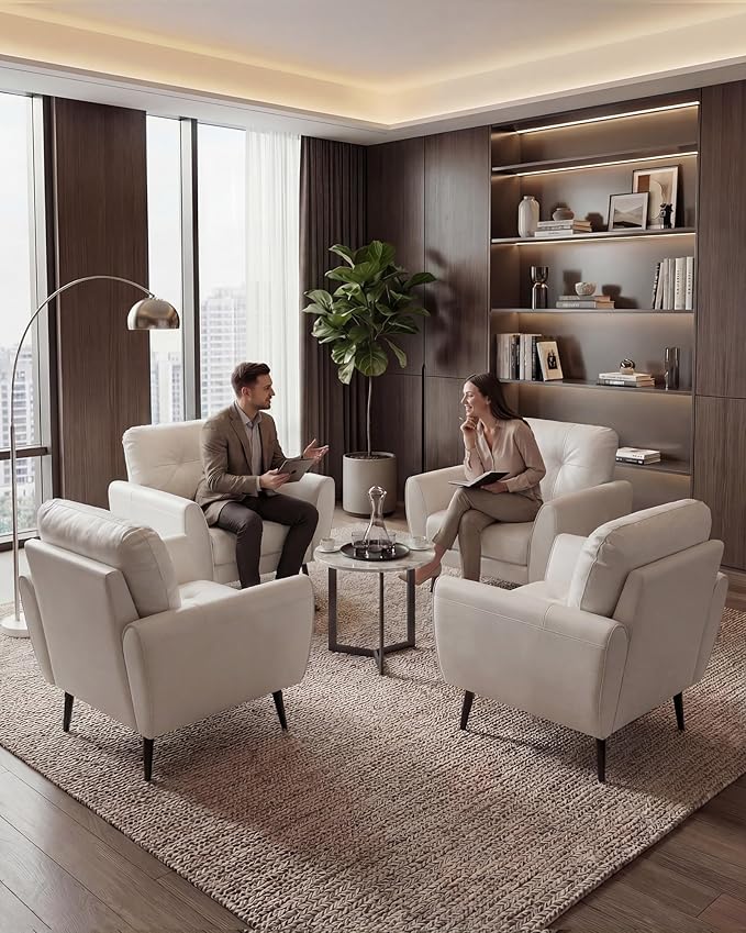 TYBOATLE Accent Chairs Set of 2, Comfy Modern Living Room Chair White Faux Leather Reading Accent Chairs Tufted Mid Century Arm Chair Small Salon Chairs for Office Bedroom (2, White)