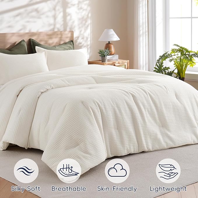 PHF 3 Pieces Cream Waffle Weave Comforter Set King Size - Ultra Soft Textured Waffle Comforter with 2 Pillow Shams, Lightweight Breathable Comfy Bedding Set for All Season, Cream