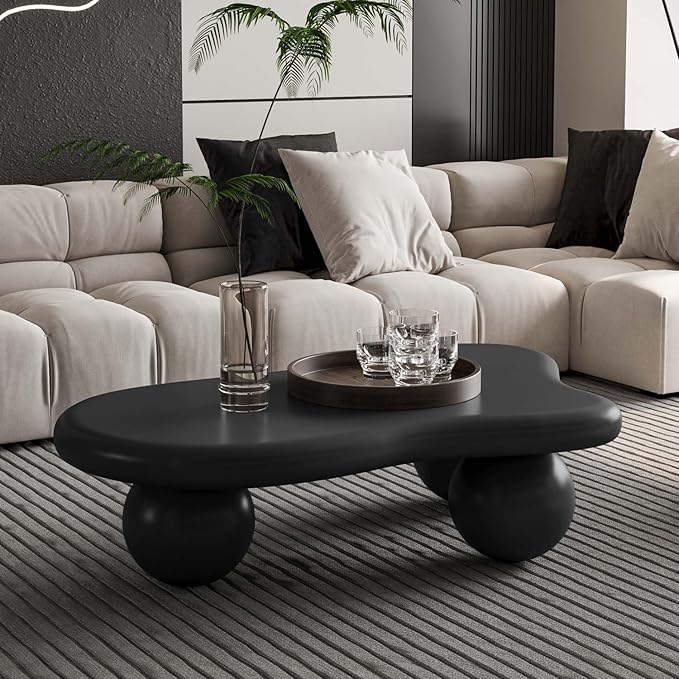 40" Black Modern Coffee Table Cloud Shape Low Center Table with 3 Ball Legs Cute Irregular Indoor Tea Table for Living Room Small Space