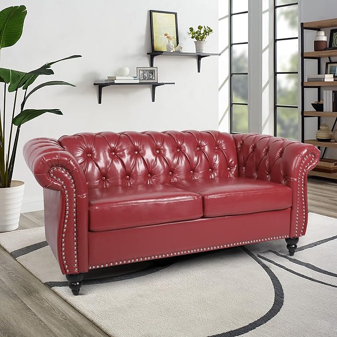 LEVNARY Leather Sofa, Chesterfield Tufted Upholstered 2 Seater Couch, Modern Loveseat Couch Classic Furniture for Living Room Bedroom (Wine Red)