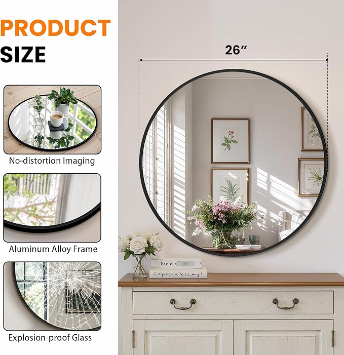 Round Bathroom Mirror for Wall, 2 Pack 26 inch Circle Bathroom Mirrors for Over Sink, Modern Circular Metal Frame for Vanity, Entryway, Bedroom, Living Room(Black)