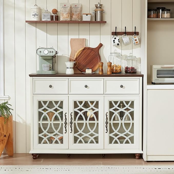 Large Sideboard Buffet Cabinet with Storage,48" Credenza with 3 Glass Doors & 3 Drawers,Adjustable Shelves Coffee Bar,Wood Kitchen Console Table for Dining Room,Living Room,White