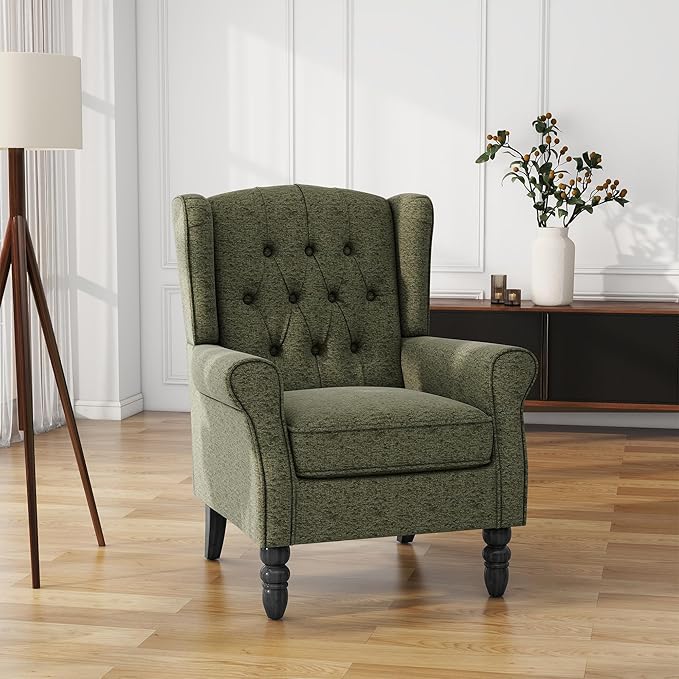 High Back Accent Chairs Set of 2, Upholstered Armchair Wingback Arm Chair for Living Room, Comfy Single Sofa Solid Wood Legs Bedroom Reading Seat - Green