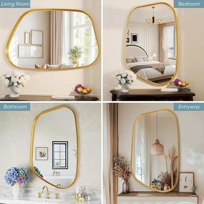 Irregular Wall Mirror 26"x40" Bathroom Mirrors Asymmetrical Artistic Decorative for Living Room Bedroom Bathroom Hallway Entryway,Trapezoid,Gold