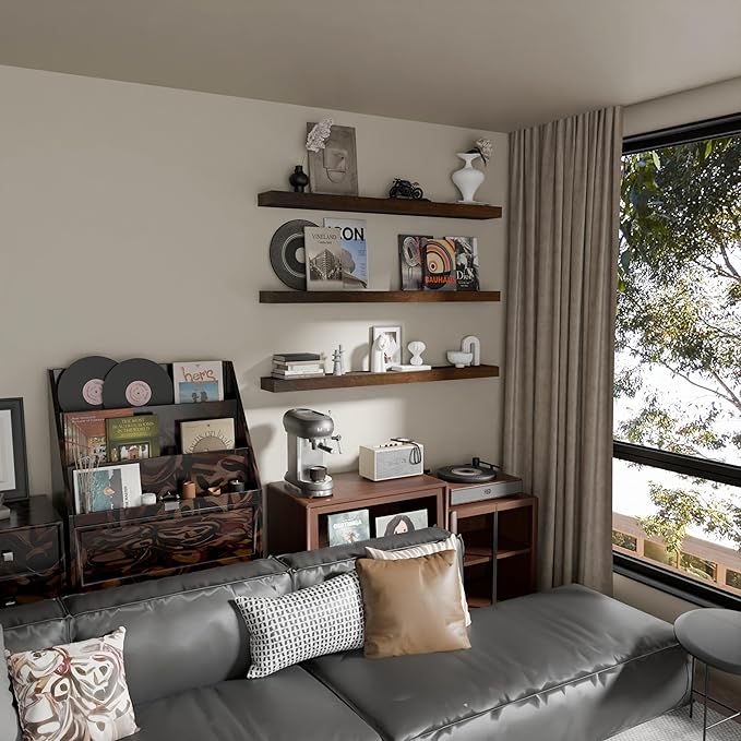 Floating Shelves for Wall, 60 Inch Extra Long Walnut Wall Shelves, Set of 3, Hanging Invisible Brackets Floating Shelves for Living Room,Bedroom,and Kitchen