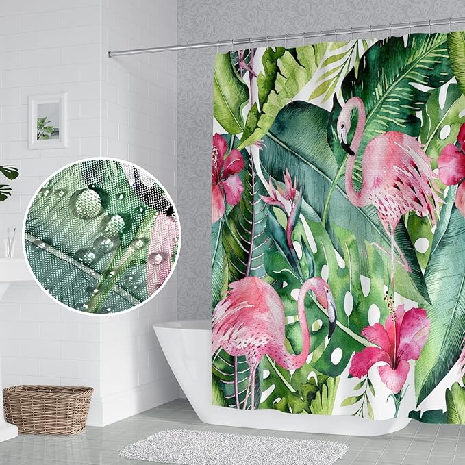 Tropical Pink Flamingo Shower Curtain with Hooks Watercolor Green Palm Leaves Shower Curtains Modern Style Waterproof Fabric for Bathroom Decor Set 72 x 78 Inch