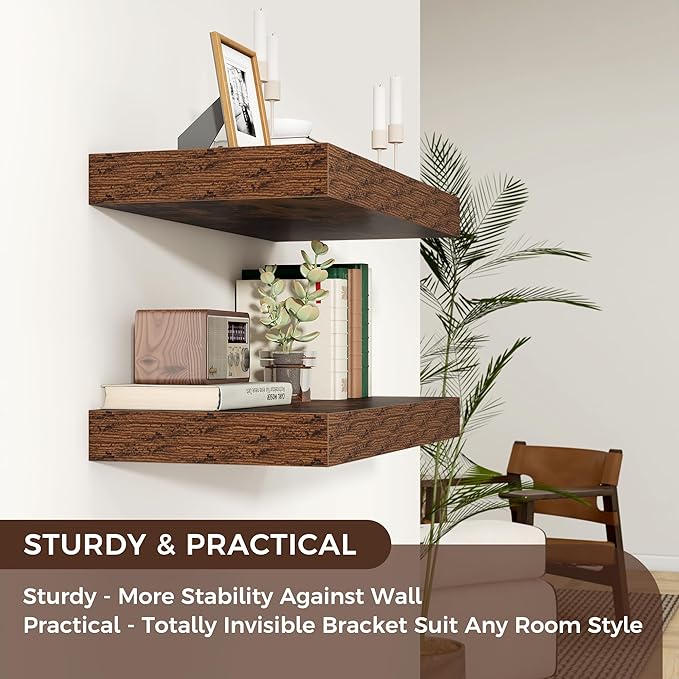 Floating Shelves for Wall, 36" W x 12" D x 2" H, 2 Pack of Long Wall Mounted Engineered Wood Shelves with Invisible Brackets for Living Room, Bedroom, Bathroom, Kitchen Decor, Brown